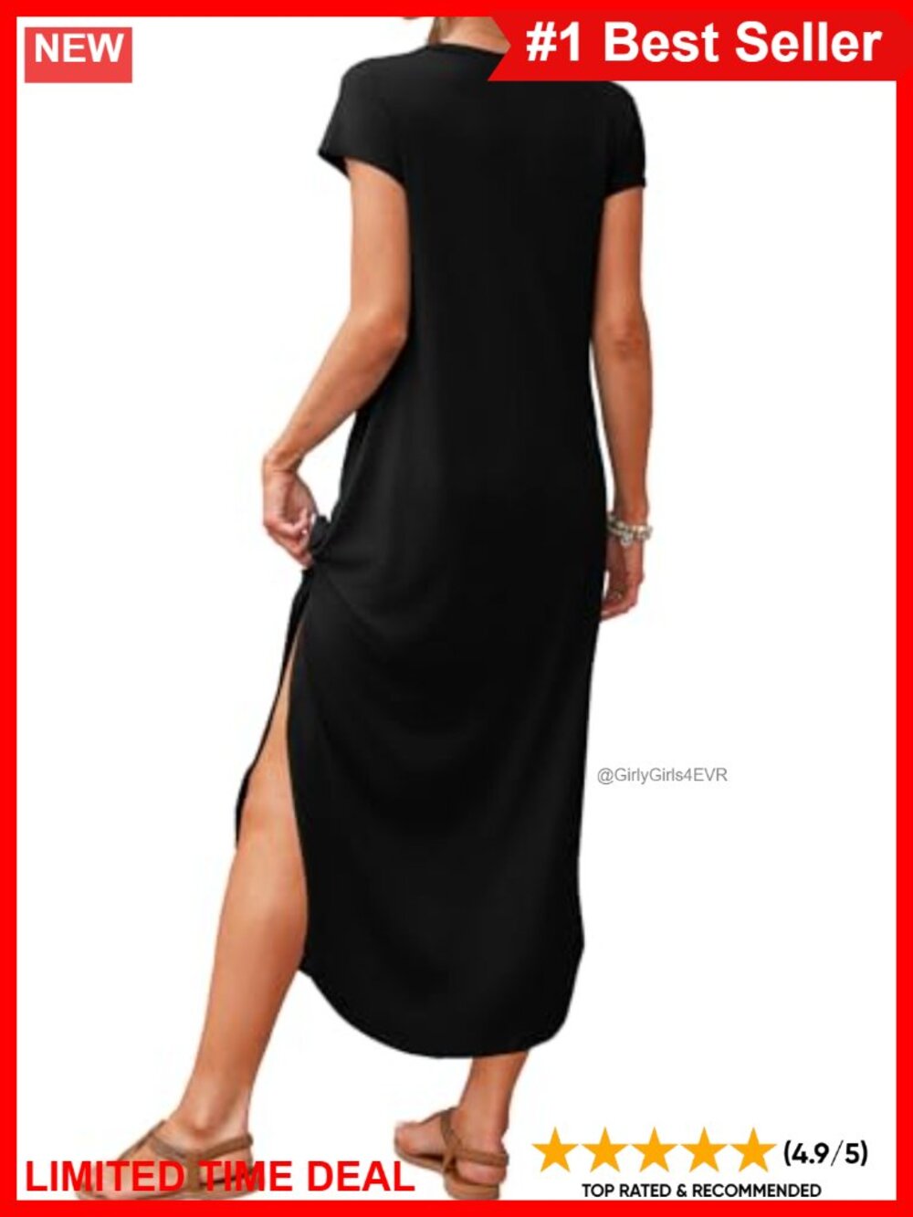 RUMIA Women's V-Neck Maxi Dress Cap Sleeve Sundress with Pockets - Picture 3 of 6